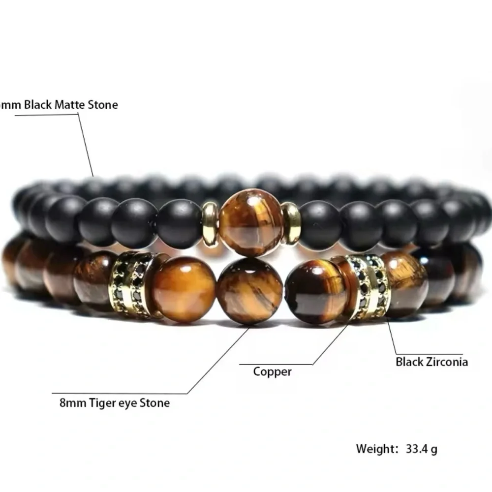 2Pcs Men Bracelet Set Natural Tiger eye Beads Stone Bracelet